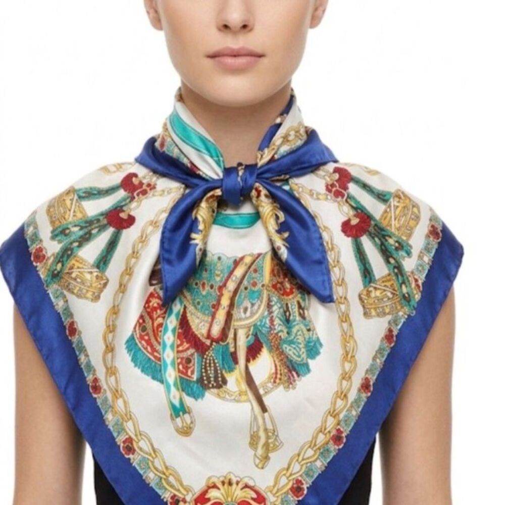 MOSI Women's Royal Blue Red Gold Saddle Chain Print Polyester 35" Square Scarf